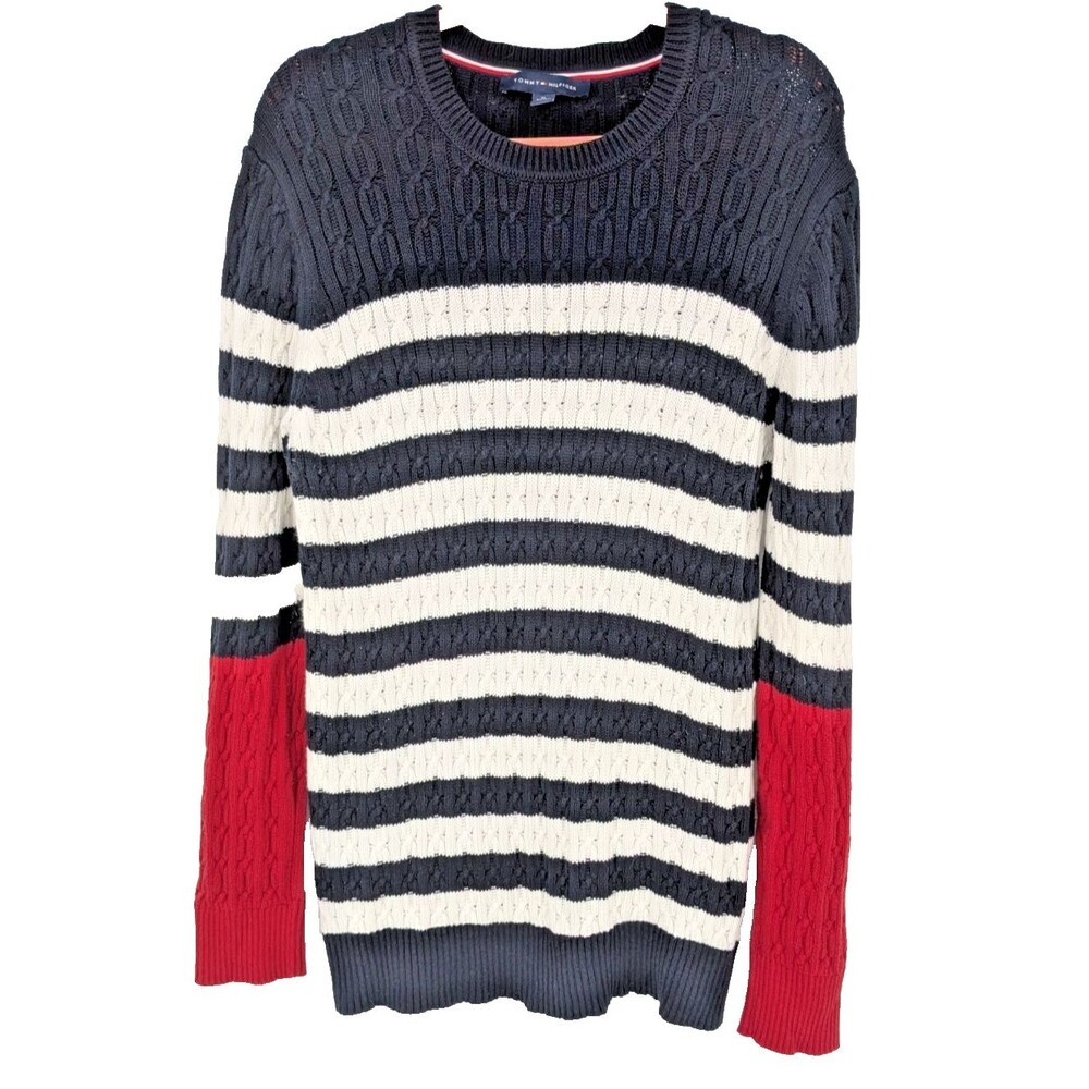 TOMMY HILFIGGER Navy White Red Stripe Sweater Cable Fisherman SIZE XL